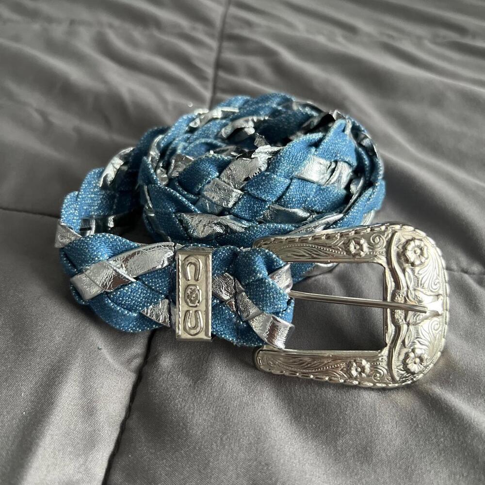 Vintage Blue & Silver Braided Belt with Longhorn Detail - 80s/90s Style